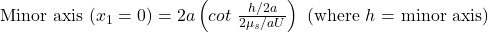 \text{Minor axis }(x{}_{1}=0) =2a\left(cot\ \frac{h/2a}{2{\mu }_s/aU}\right)\text{ (where }{h }\text{ = minor axis)}\tag{5.20}