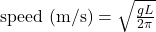 \text{speed (m/s)} = \sqrt{\frac{gL}{2\pi}}