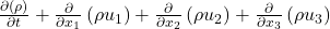 \frac{\partial (\rho )}{\partial t}+\frac{\partial }{\partial x_1}\left(\rho u_1\right)+\frac{\partial }{\partial x_2}\left(\rho u_2\right)+\frac{\partial }{\partial x_3}\left(\rho u_3\right)