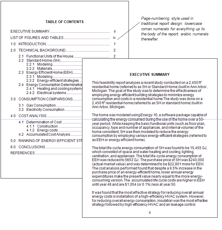 Example of executive summary and table of contents