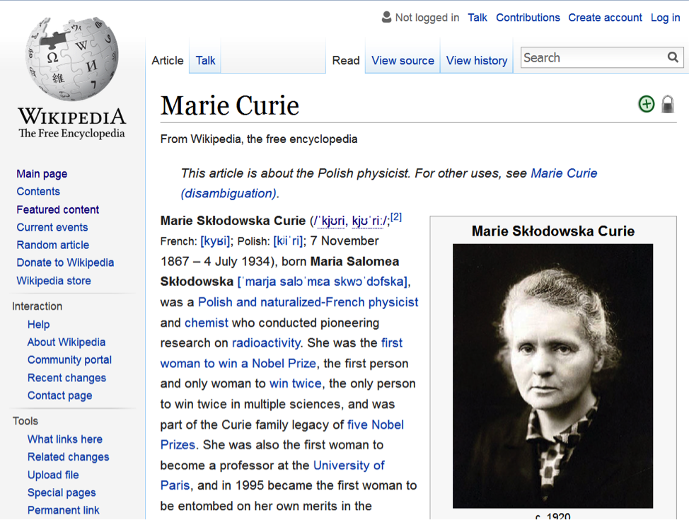 Screen shot of the Wikipedia entry for Marie Curie