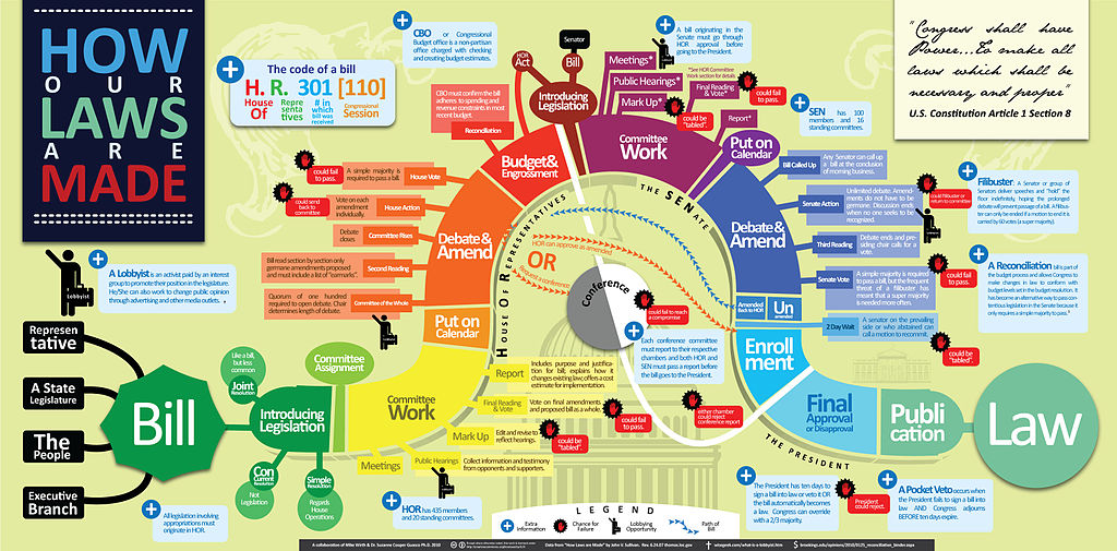 colorful and complex infographic traces process from bill to law