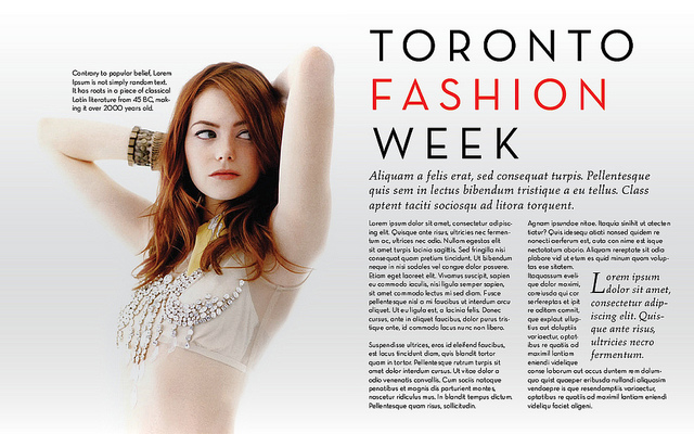 mock up of magazine layout for Toronto Fashion Week with photo of actress Emma Stone
