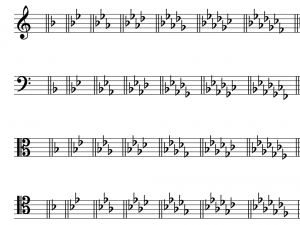 All of the flat key signatures, first in treble, bass, alto, and tenor clefs.