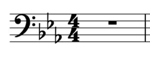A bass clef is shown on a staff, followed by a three-flat key signature, and a 4/4 time signature.
