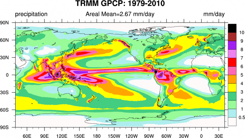 Annual mean precipitation estimated from observations. From ucar.edu.