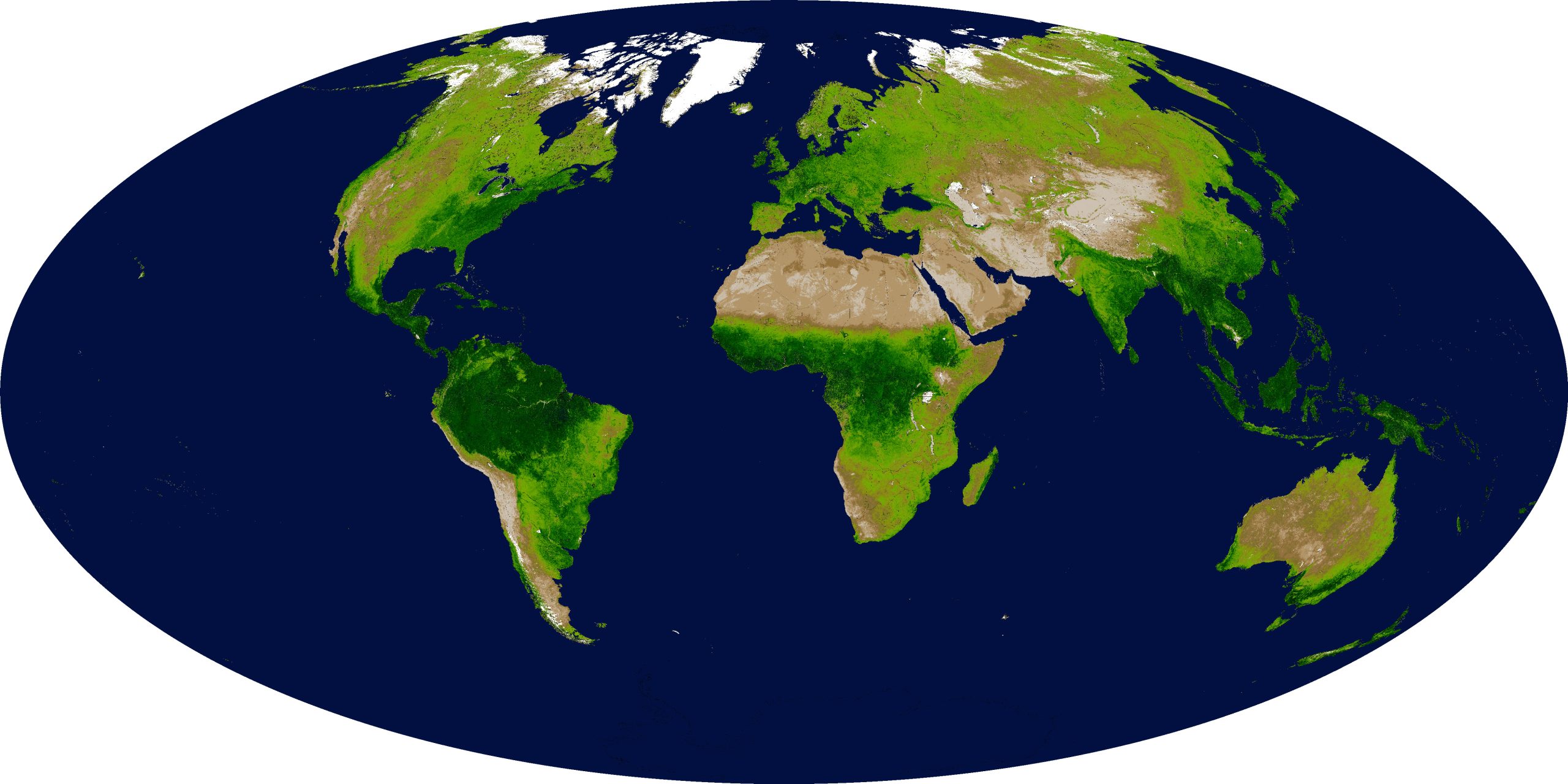 Global Vegetation Distribution From Satellites. Shown is the Enhanced Vegetation Index (EVI), which represents the concentration of green leaf vegetation. From nasa.gov.