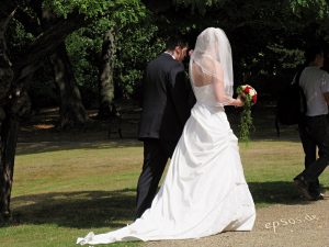 A bride and groom are shown from behind walking in a park setting